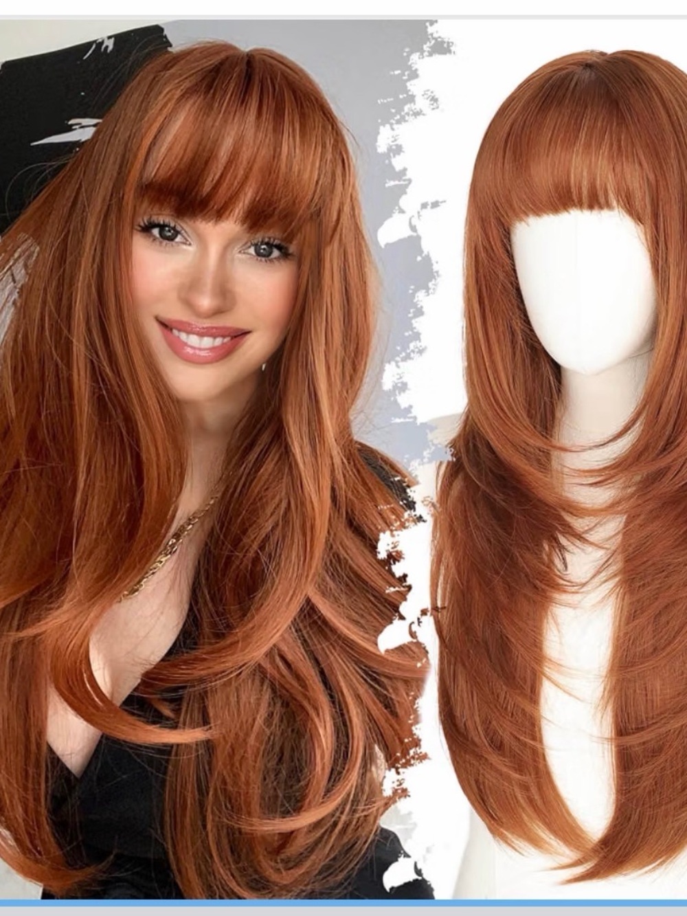 Eawwii Long Ginger Wig w/Bangs,26” synthetic wig designed for women,4x4 scalp